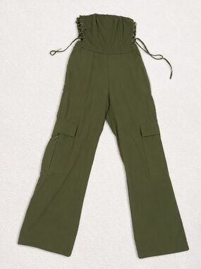 Olive Green Lace Up High Waist Cargo Pants Wide Leg